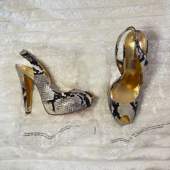 Shoes - Snake Print Strap Peep Toe Heels